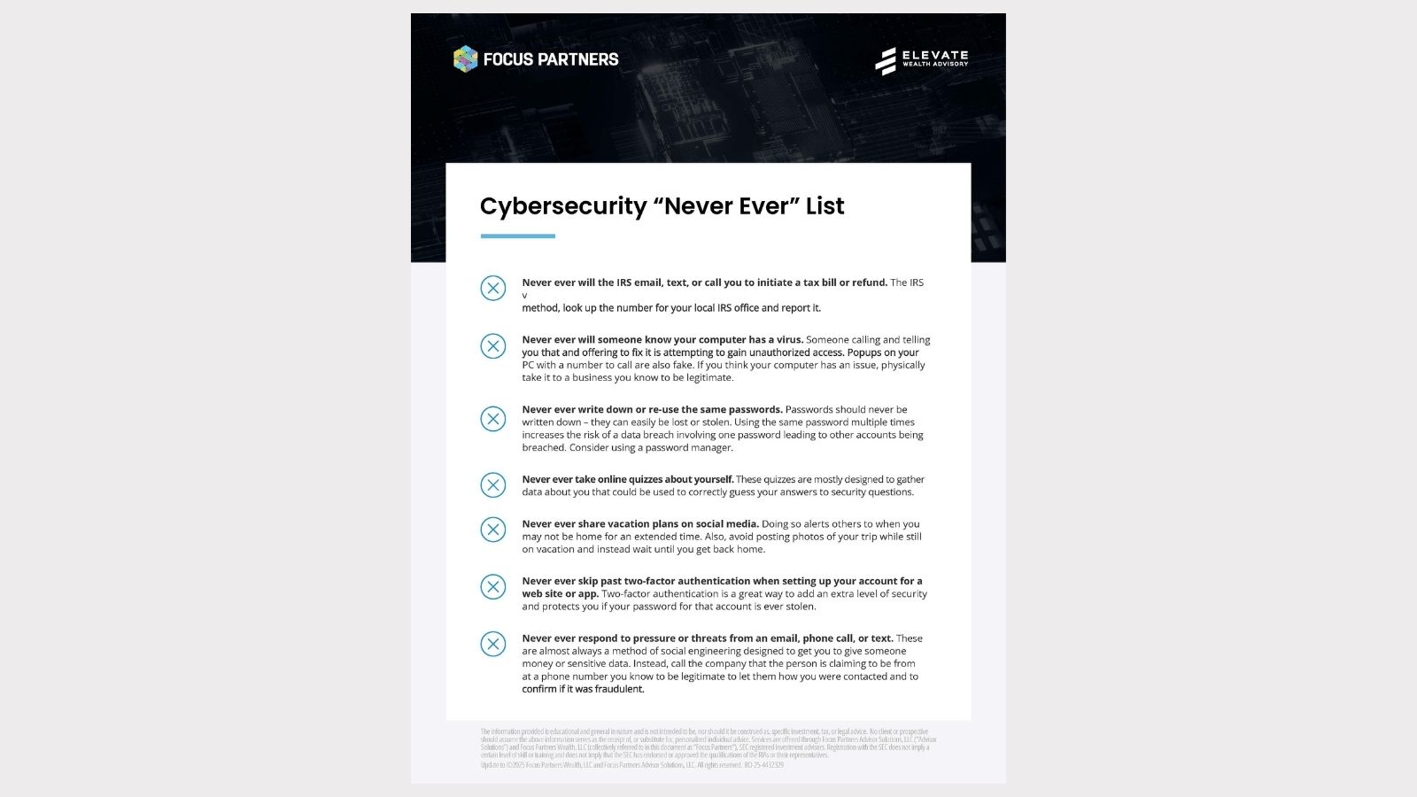 Cover image of cybersecurity "never ever" list